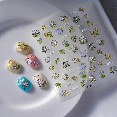 兔子花朵浮雕美甲贴纸指甲饰品Kite Rabbit 5D Nail Art Stickers