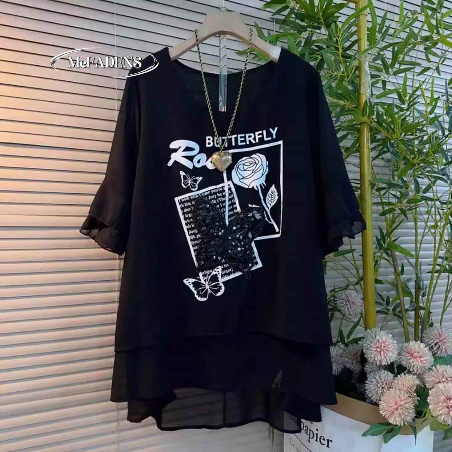 香港夏季新款时尚大尺码胖MM气质显瘦宽松洋派减龄蝴蝶印花雪纺衫