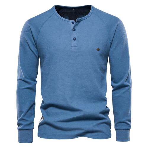Waffle Henley T-Shirt Men Long Sleeve Basic Breatha