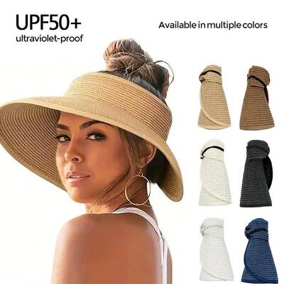 Sun Hats for Women Wide Brim Beach Hat Straw Visor Ponytail