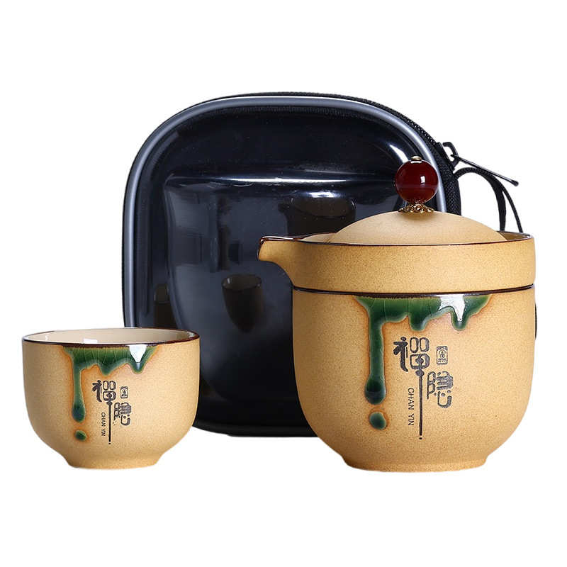 粗陶快客杯一壶二杯陶瓷便携茶具办公户外喝茶旅行收纳功夫泡茶壶