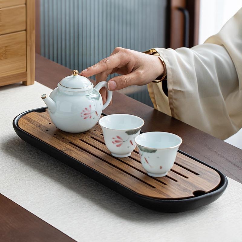 日式重竹小型茶盘家用沥水托盘陶瓷茶台简易圆形蓄水茶海干泡台具