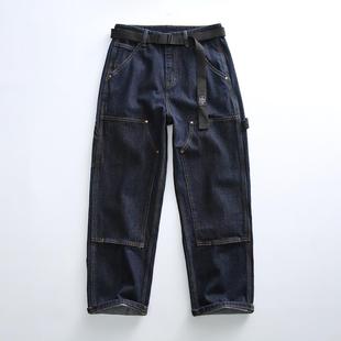 立体剪裁！挺括有型！日系工装直筒休闲服宽松膝盖拼铆钉牛仔裤男