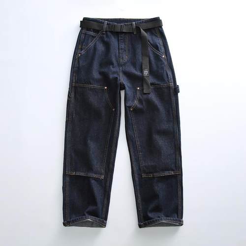 立体剪裁！挺括有型！日系工装直筒休闲服宽松膝盖拼铆钉牛仔裤男