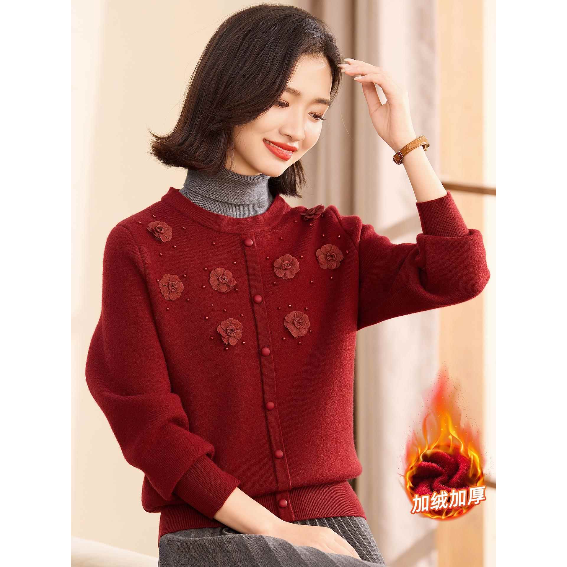 喜卉中老年女装花朵针织衫加绒加厚毛衣妈妈装秋冬季洋气时尚上衣