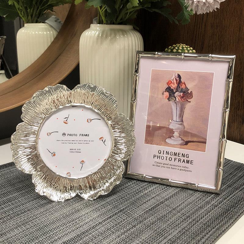 银色圆形花朵相框组合金属竹子6寸7寸儿童情侣相框摆台件带洗照片