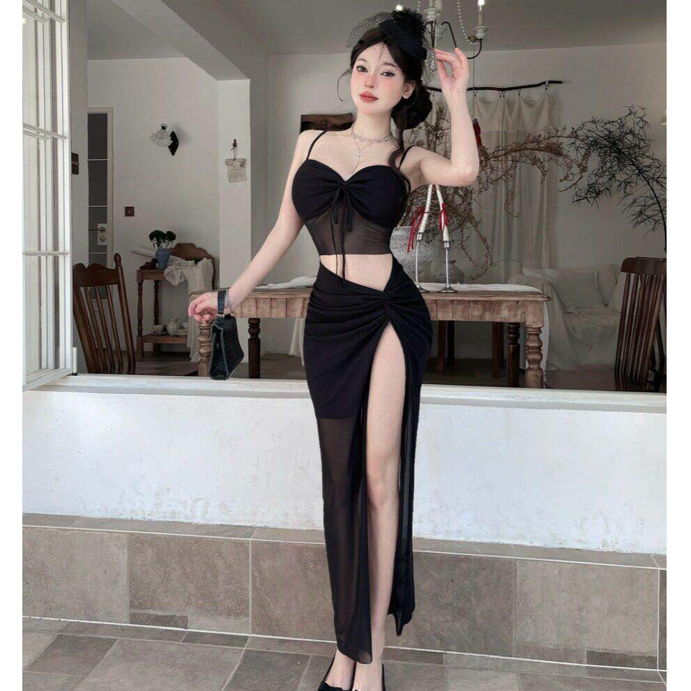 性感连衣裙女足浴按摩技师长裙辣妹低胸吊带半透网纱连衣长裙