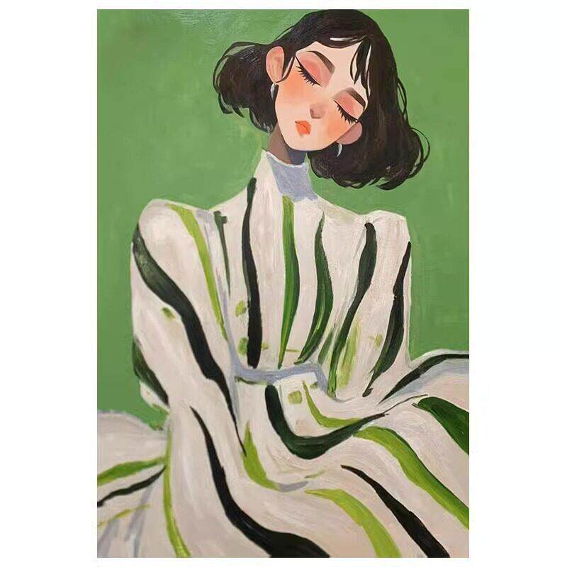 《淑女》抽象人物黑白线条客厅装饰画绿色系小众中古慵懒少女挂画