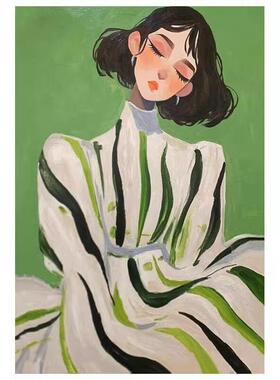 《淑女》抽象人物黑白线条客厅装饰画绿色系小众中古慵懒少女挂画