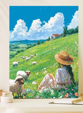 夏日花海客厅装饰画宫崎骏风景治愈系卧室床头挂画书桌玄关柜摆画