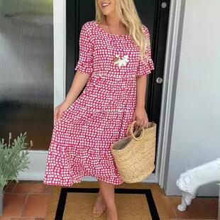 时尚 圆领印花短袖 女装 夏季 连衣裙 亚马逊独立站热销爆款 欧美新款