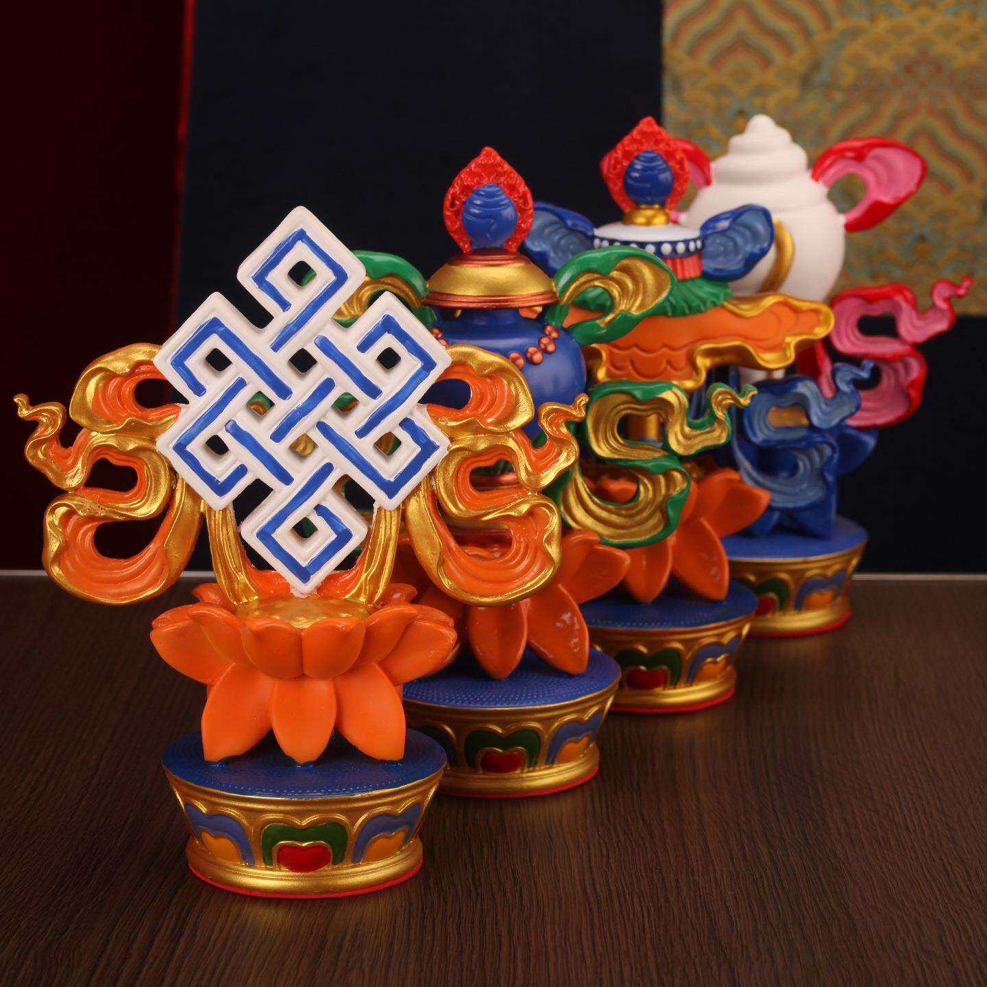 藏式树脂八吉祥瑞物摆件八宝吉祥如意莲花双面烤漆掐丝嵌宝石家用
