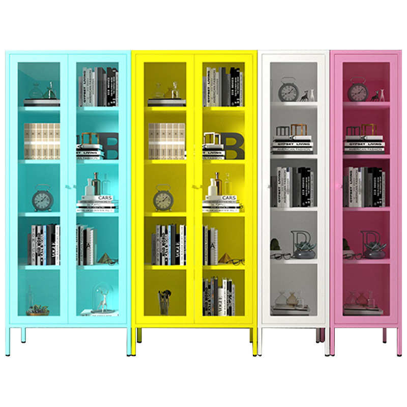 简约彩色儿童家用带门防尘书柜书架落地钢制单双门玻璃文件柜
