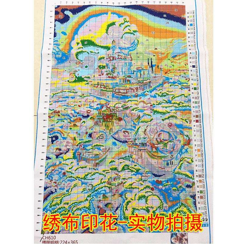 工厂粉色玫瑰城堡十字绣满绣新款印花十字绣竖版玄关线绣