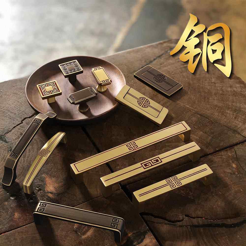 中式拉手柜门黄铜新中式家具门把手加长仿古铜橱柜衣柜黄铜色拉手
