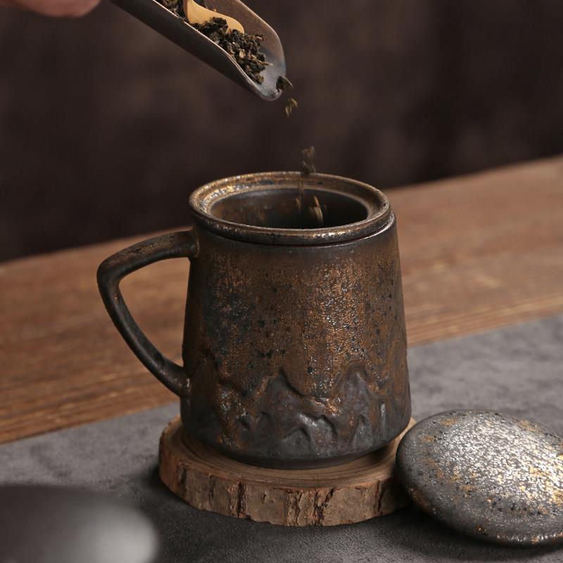 茶水分离粗陶茶杯个人专用喝水泡茶陶瓷杯子大办公杯过滤茶具家用