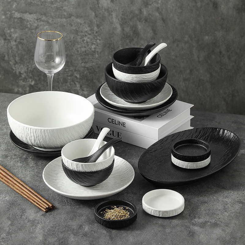 岩石纹陶瓷碗盘碗碟套装家用 4-6人吃饭的碗2人组合餐具汤碗盘子