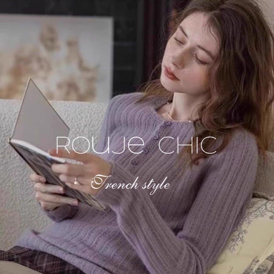 法国rouje chic法式紫色镂空亨利领针织打底衫毛衣女秋季小众上衣