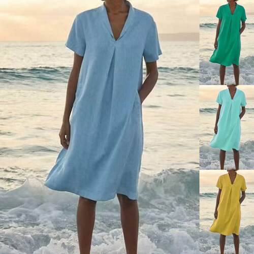 Women's cotton and linen short sleeved V-neck pocket dress