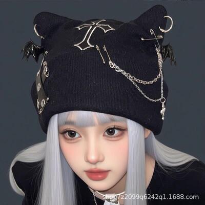 Unisex Y2K Punk Goth Beanie Cat Ear Chain Bat Pendant Wool
