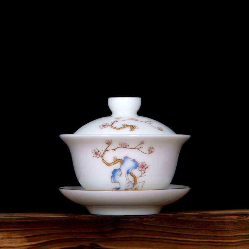 羊脂玉三五成群梅兰竹菊盖碗茶具陶瓷大号码三才杯白瓷敬茶杯茶器
