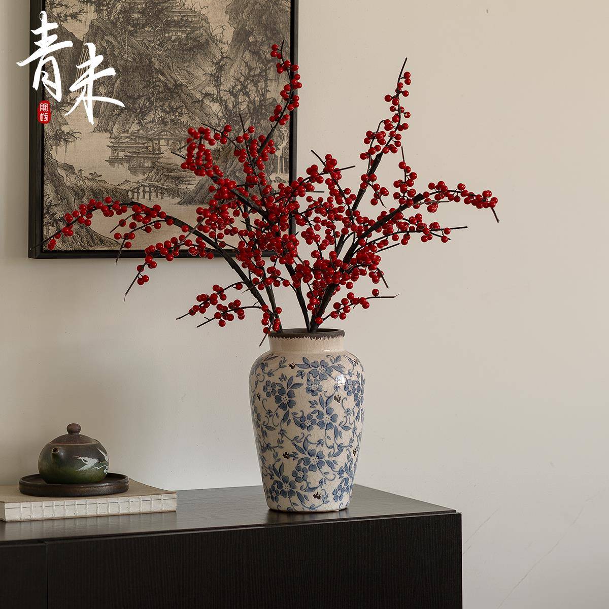 冬青青花瓷花瓶摆件客厅插花景德镇陶瓷复古高级感水培新中式花器
