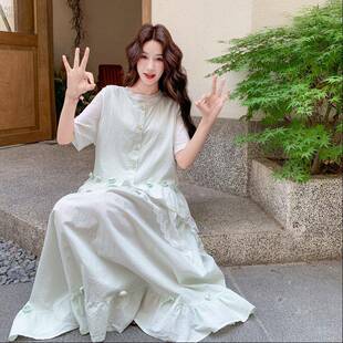 奶绿色森系少女叠穿三件套尚静时尚休闲连衣裙套装女夏长款短袖