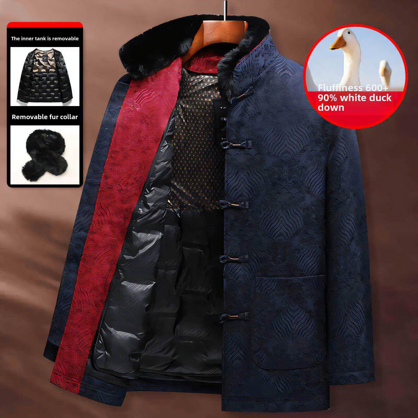 高档中老年爸爸唐装男士毛领可拆卸羽绒内胆保暖爷爷生日过寿外套