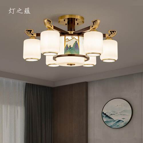灯之蕴全铜新中式客厅灯大厅主灯万里江山实木餐厅灯卧室房间吊灯