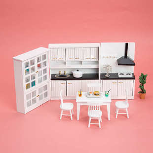 12娃娃屋dollhouse迷你微缩厨房料理台餐桌椅橱柜套装 场景道具