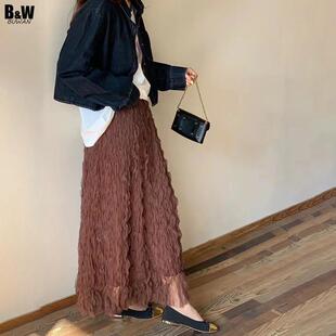 细腻波浪卷褶皱网纱半身长裙2027春款 高腰显瘦时髦仙女裙定制 韩版
