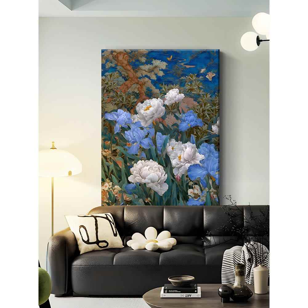 蓝色鸢尾牡丹花卉中古风客厅装饰画法式覆古沙发背景墙挂画玄关画盖布配件