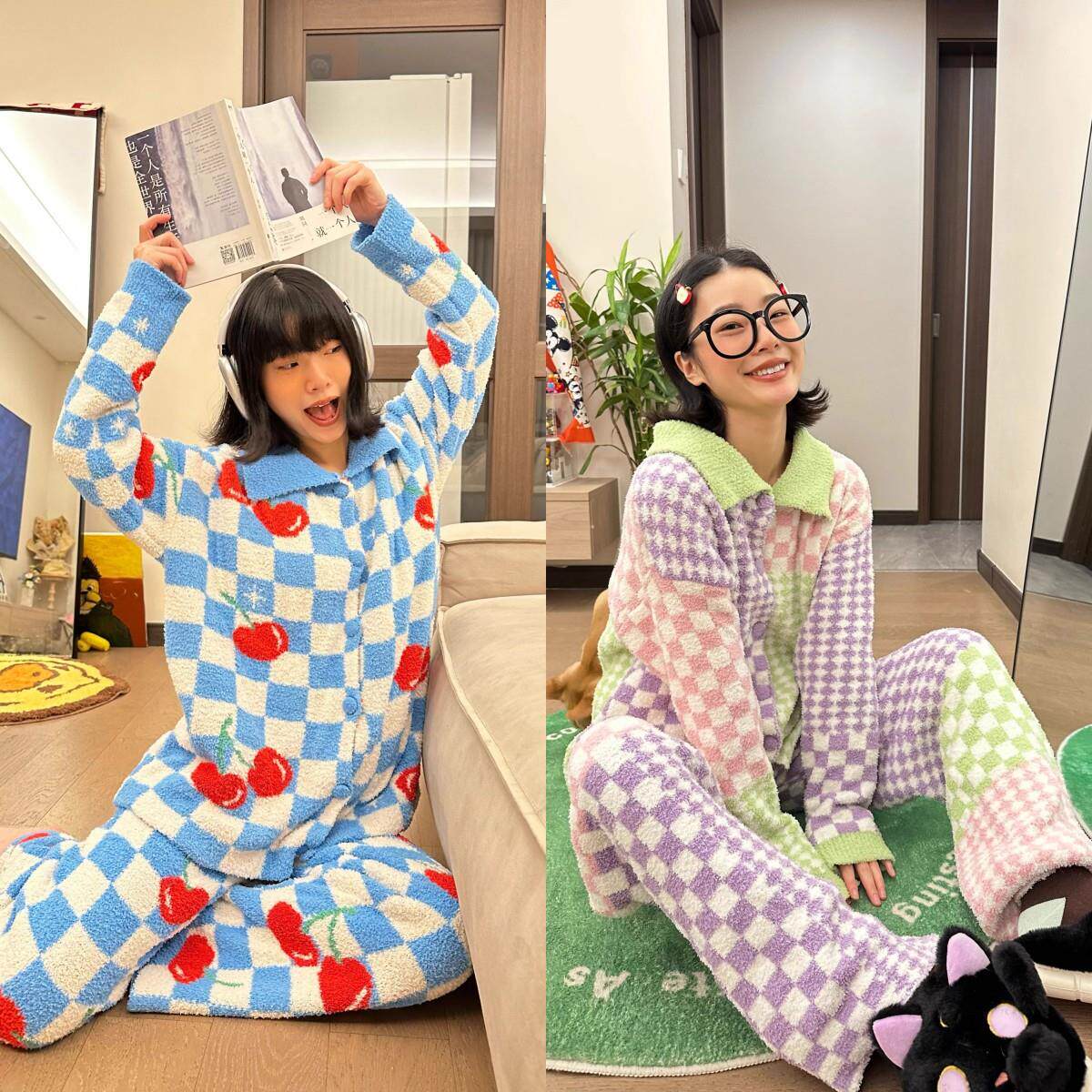 ins韩系格子休闲宽松针织睡衣女冬款2025年新款半边绒家居服套装