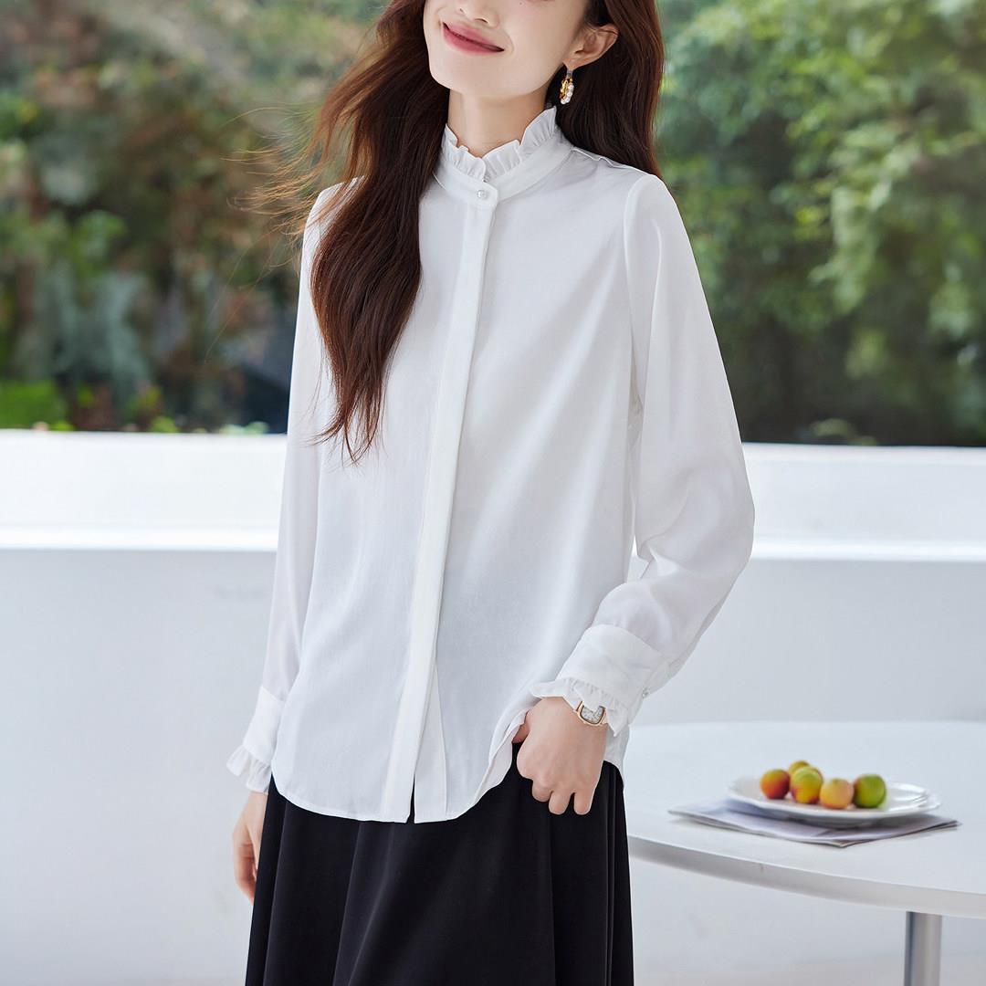 白色法式优雅木耳边领长袖衬衫女2026春秋垂顺抗皱柔软舒适衬衣潮