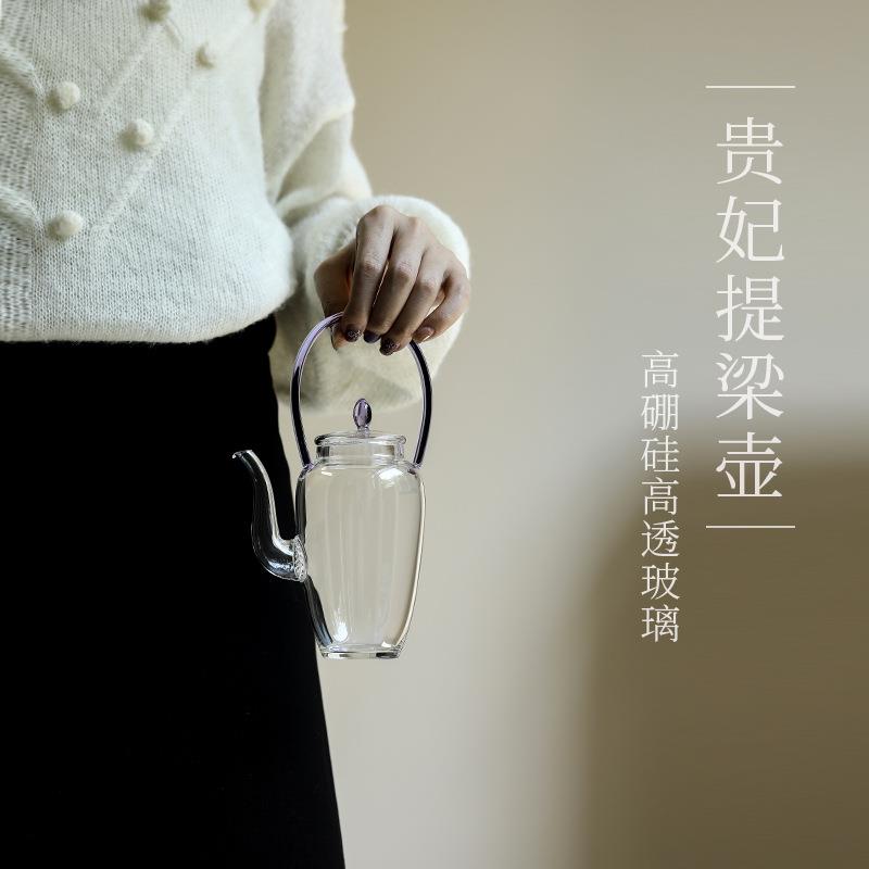 中式美人尖玻璃提梁壶耐热透明玻璃泡茶壶小清新绿茶花茶壶茶具