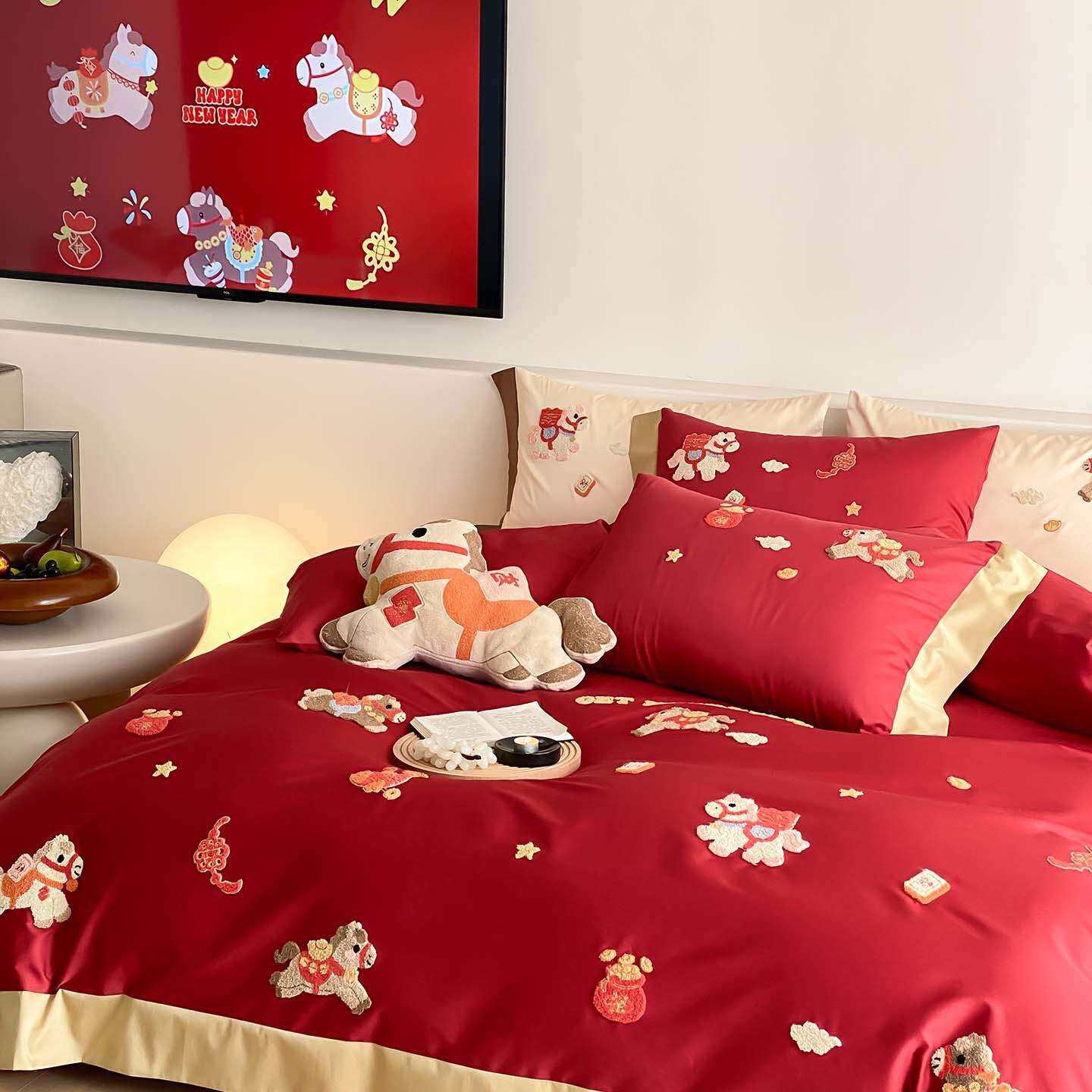 马年100S贡缎长绒棉结婚庆四件套全棉纯棉红色毛巾绣被套床单床品