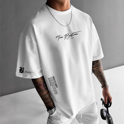 Mens Vintage Washed TShirt Simple Letter Print Retro