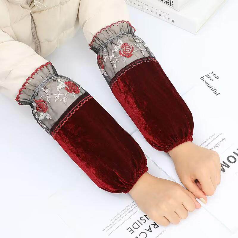 秋冬金丝绒蕾丝短款羽绒服防污护袖套成人女士学生红色套袖头手袖