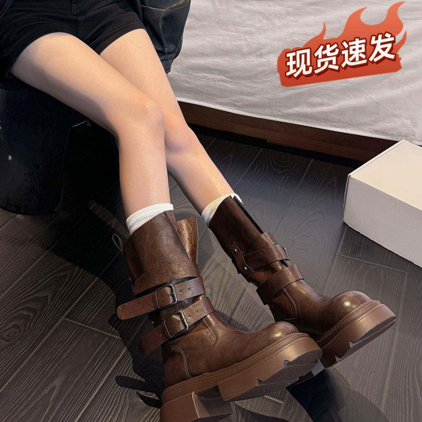 品牌复古厚底粗跟棕色西部牛仔靴中筒靴英伦风女秋冬内增高马丁靴