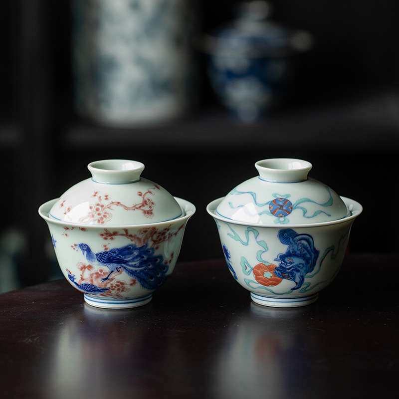 仿古青花陶瓷盖碗单个二才盖碗釉中复古泡茶碗茶杯釉里红功夫茶具