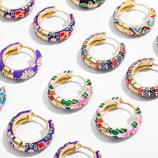 Vintage Enamel Flower Small Hoop Earrings Trendy Geometric S