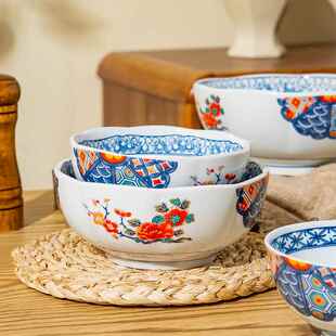 出家用瓷餐具碗大盘饭陶碗口面碗汤碗日080式印彩伊万里风号日韩