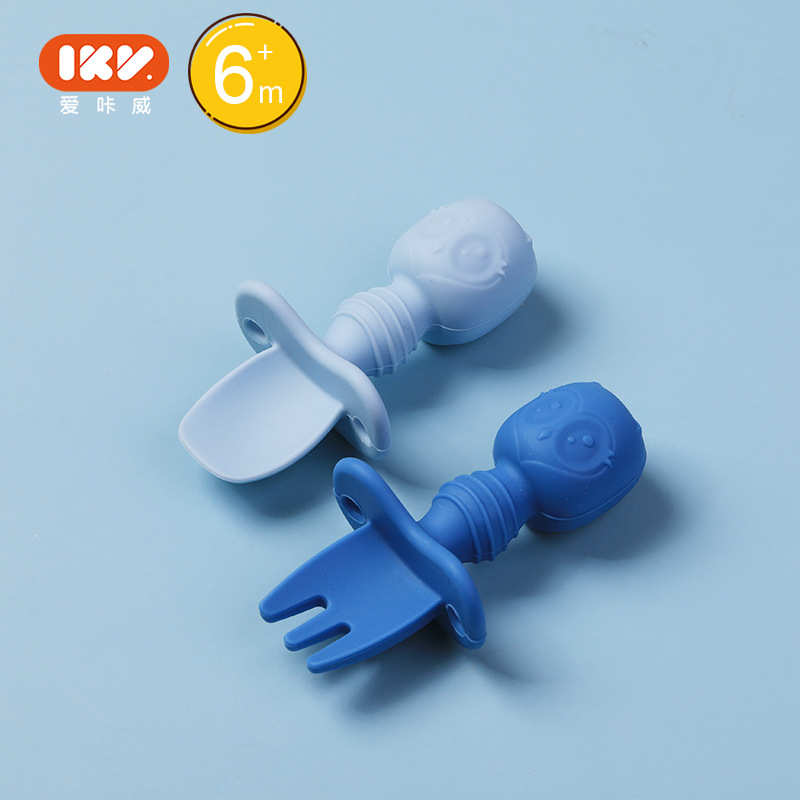饭猫头鹰学食品级勺ikv舔短柄咔童宝宝爱硅胶训练食叉勺勺儿威舔