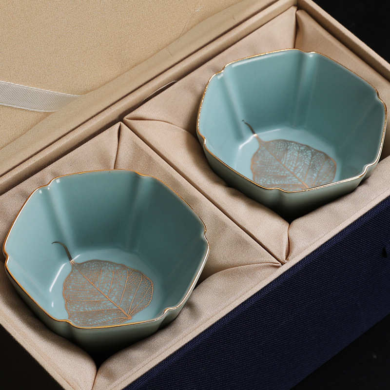 汝窑茶杯鎏金木叶盏个人专用功夫茶盏主人杯男士单杯高档开业礼品