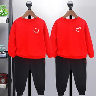 中国红儿童运动套装秋 笑脸衣服女童男童小学生红色卫衣黑色裤子