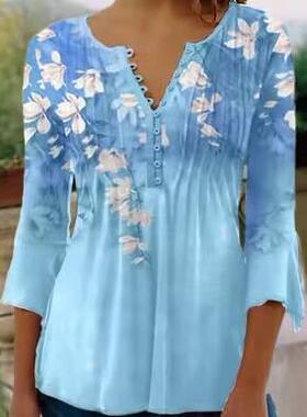 Women's printed collar striped top 女士印花领打条上衣女