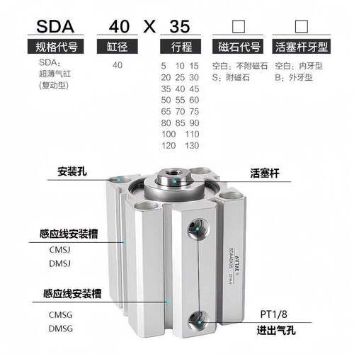 亚德客薄型气缸SDA25X5*10*15*20*25*30*35*40*45*50*55*60*65*70