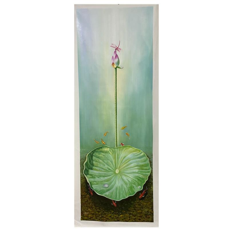 纯手绘油画轻奢玄关装饰画荷花新中式挂画走廊过道尽头简约竖版画