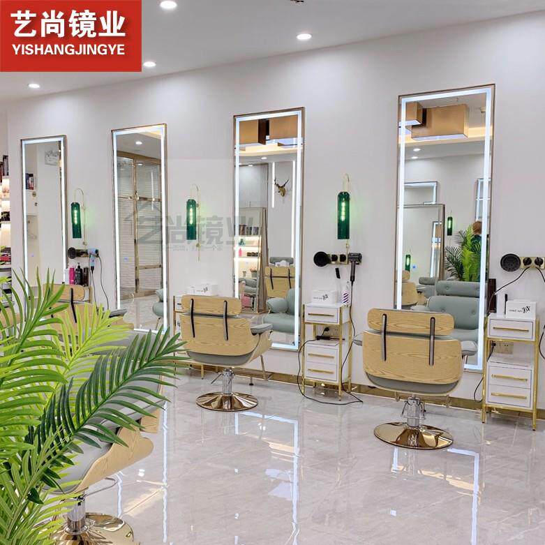 网红理发店镜子欧式简约美发镜台潮店触摸LED灯镜发廊化妆镜带灯