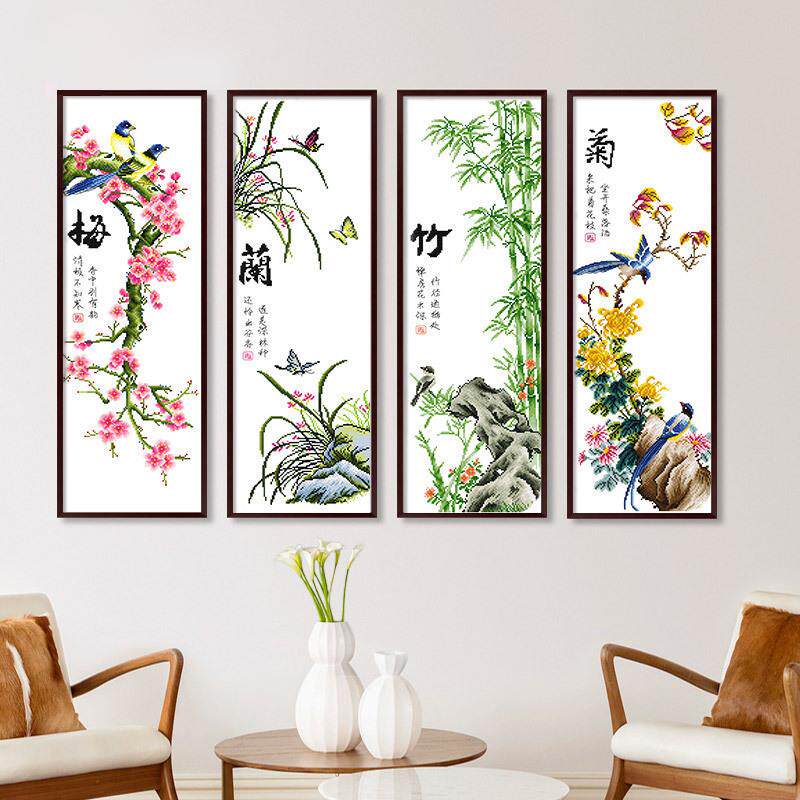 兰梅竹现菊十字绣竖版小幅客厅约代线简绣新款6457厂家直销